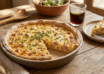 Une quiche au jambon et au malt fraîchement cuite, entière dans son plat en céramique rustique, posée sur une table en bois vieilli. On distingue la croûte dorée, les dés de jambon, le fromage fondu gratiné et de la ciboulette fraîche. En arrière-plan, un verre de boisson maltée et une salade.