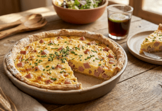 Une quiche au jambon et au malt fraîchement cuite, entière dans son plat en céramique rustique, posée sur une table en bois vieilli. On distingue la croûte dorée, les dés de jambon, le fromage fondu gratiné et de la ciboulette fraîche. En arrière-plan, un verre de boisson maltée et une salade.