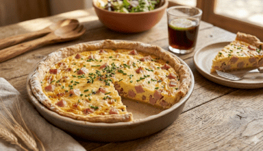 Une quiche au jambon et au malt fraîchement cuite, entière dans son plat en céramique rustique, posée sur une table en bois vieilli. On distingue la croûte dorée, les dés de jambon, le fromage fondu gratiné et de la ciboulette fraîche. En arrière-plan, un verre de boisson maltée et une salade.