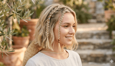 Jeune femme blonde avec une coupe au carré courte et des mini tresses de devant