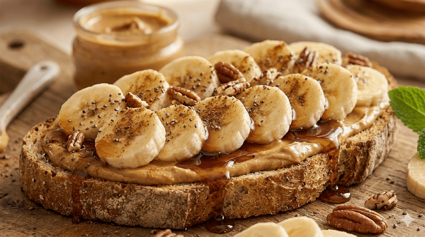Toast de pain complet grillé tartiné de beurre de cacahuète, recouvert de rondelles de banane fraîches, de éclats de noix de pécan, de graines de chia et d'un filet de sirop d'érable.